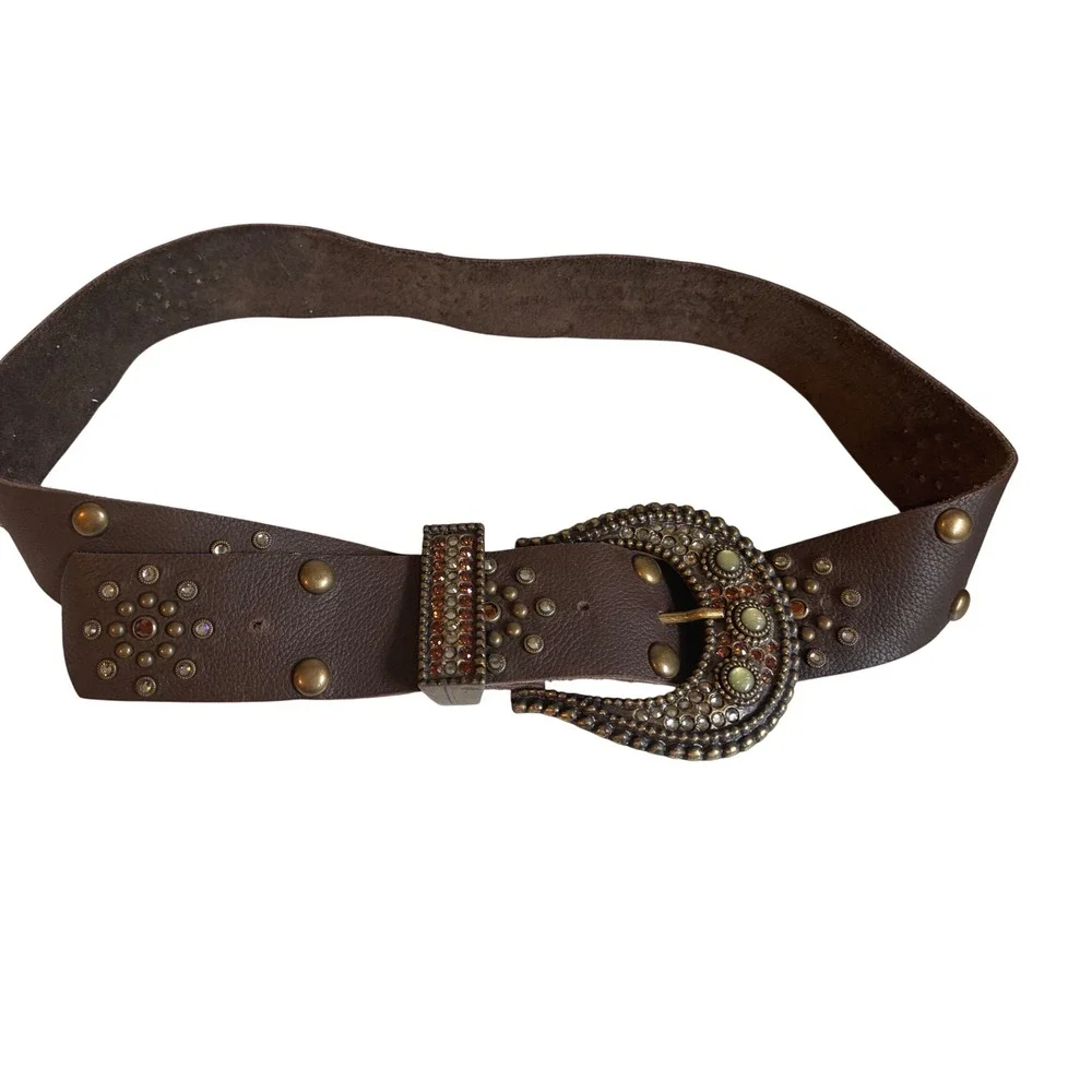Vintage LEATHERROCK USA Brown Leather Western Rhinestone Belt Boho 41